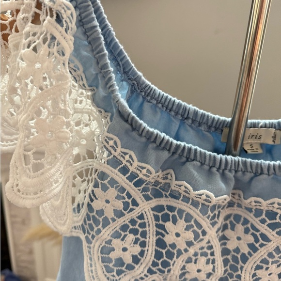 Blue Lace Trim Off-Shoulder Top - Picture 7 of 8